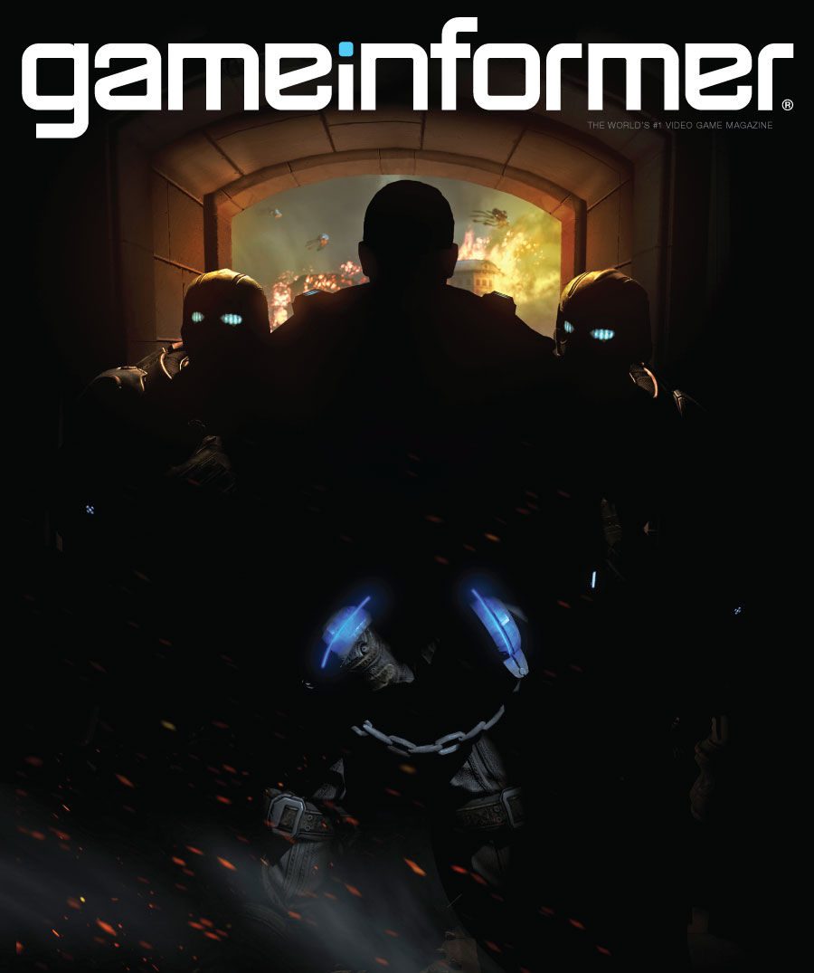 GameInformer July Edition Cover showing a new Gears of War game. 2 cogs taking marcus fenix to prison in handcuffs