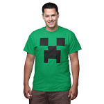 mans green t-shirt withm minecraft creeper face on front