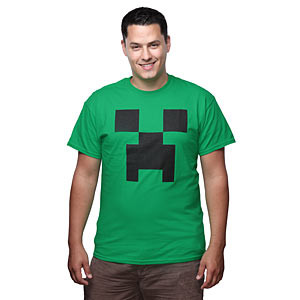 mans green t-shirt withm minecraft creeper face on front