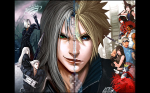 Final Fantasy VII Advent Children Wallpaper showing half of Cloud, half of Sephiroth and the rest of the cast down the site including Barret, Cid and RED