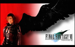 Genesis from Final Fantasy 7 games with a red and white gradiant background - one winged angel, black wing. Has classic Final Fantasy VII Logo