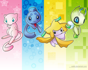 Nice colorful pokemon desktop wallpaper from pokemon Silver/Gold. From left to right: Mew, Phione, Jirachi, Celebe