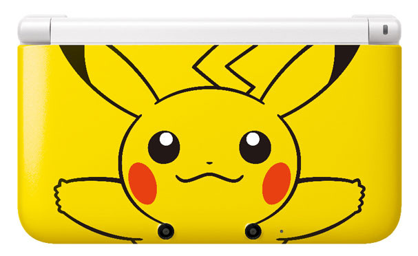 Yellow Nintendo 3DS - Pikachu 3DS XL console outer top front face of 3ds