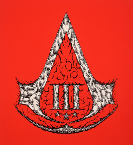 ACIII, 2012 by Mark Dean Veca shows a red background with an ornate white Assassins Creed logo