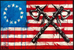 Allegiance by Max Neutra shows 2 crossed tomahawks atop a grunge style american flag