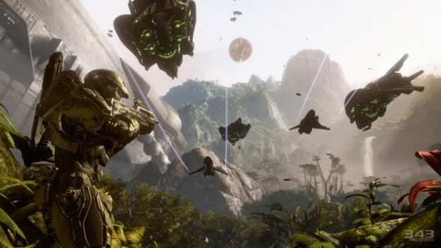 Halo 4 screenshot showing John-117 looking at Covenant drop ships and banshees flying overhead.